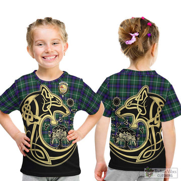 MacDonald of the Isles Hunting Modern Tartan Kid T-Shirt with Family Crest Celtic Wolf Style