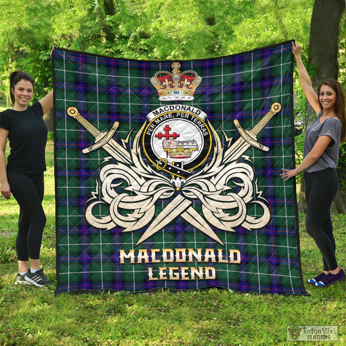 Tartan Vibes Clothing MacDonald of the Isles Hunting Modern Tartan Quilt with Clan Crest and the Golden Sword of Courageous Legacy