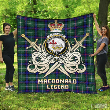 MacDonald of the Isles Hunting Modern Tartan Quilt with Clan Crest and the Golden Sword of Courageous Legacy