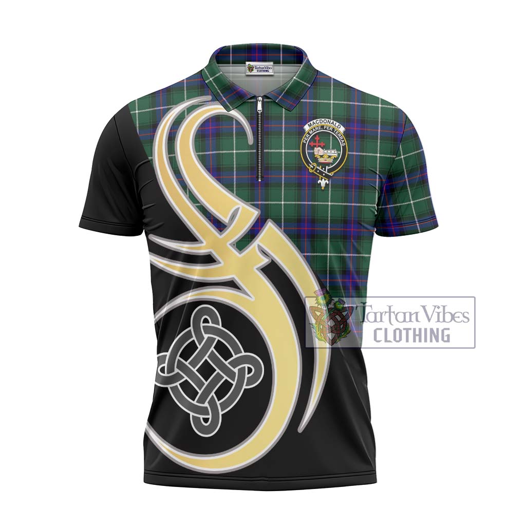 Tartan Vibes Clothing MacDonald of the Isles Hunting Modern Tartan Zipper Polo Shirt with Family Crest and Celtic Symbol Style