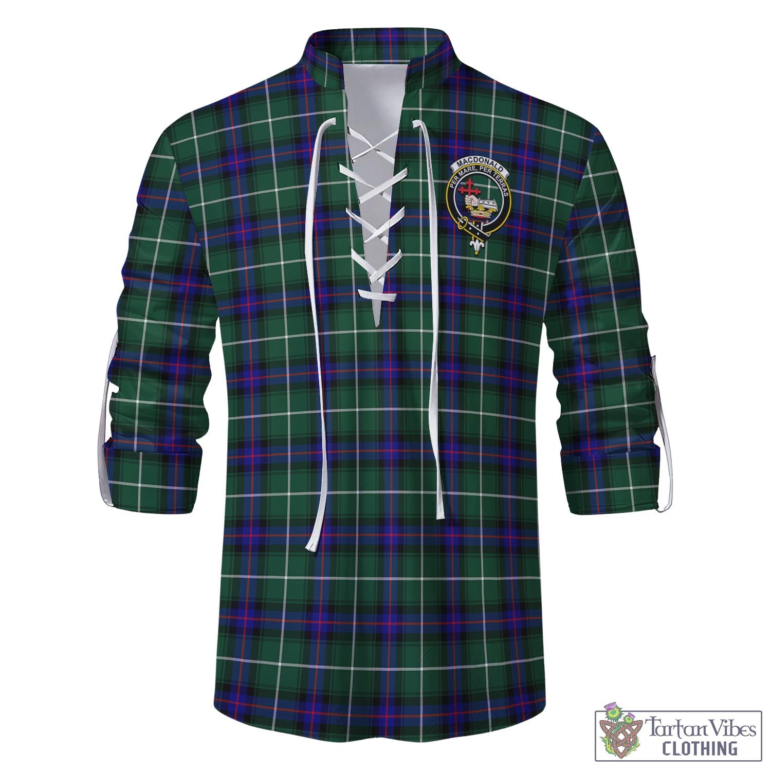 Tartan Vibes Clothing MacDonald of the Isles Hunting Modern Tartan Men's Scottish Traditional Jacobite Ghillie Kilt Shirt with Family Crest