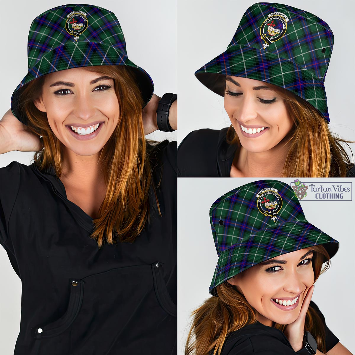 Tartan Vibes Clothing MacDonald of the Isles Hunting Modern Tartan Bucket Hat with Family Crest