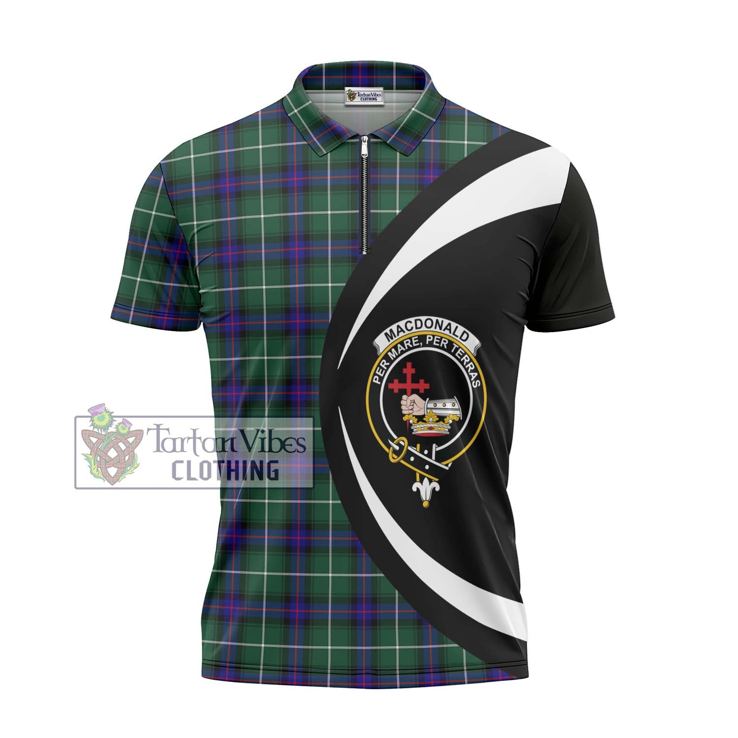 Tartan Vibes Clothing MacDonald of the Isles Hunting Modern Tartan Zipper Polo Shirt with Family Crest Circle Style