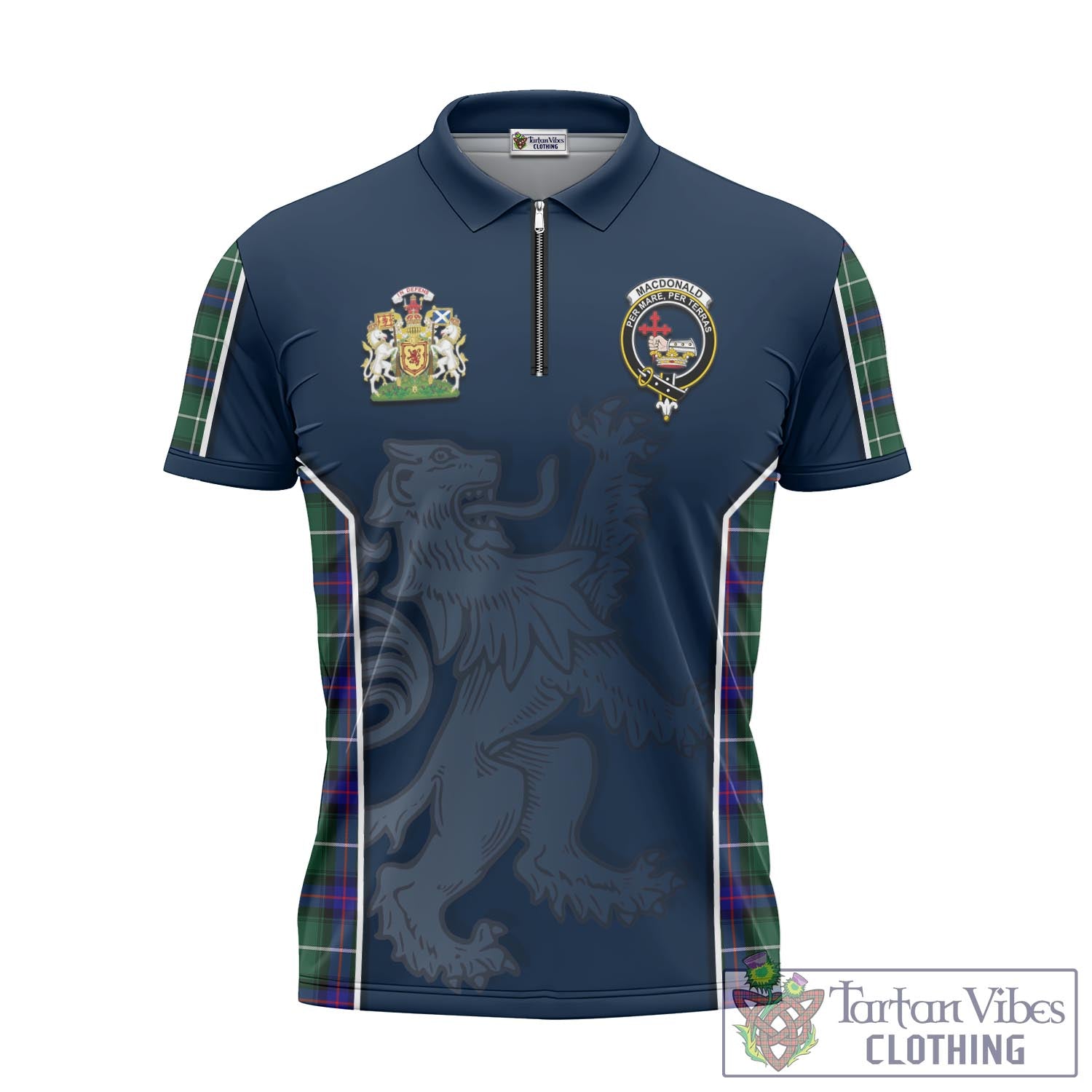 Tartan Vibes Clothing MacDonald of the Isles Hunting Modern Tartan Zipper Polo Shirt with Family Crest and Lion Rampant Vibes Sport Style