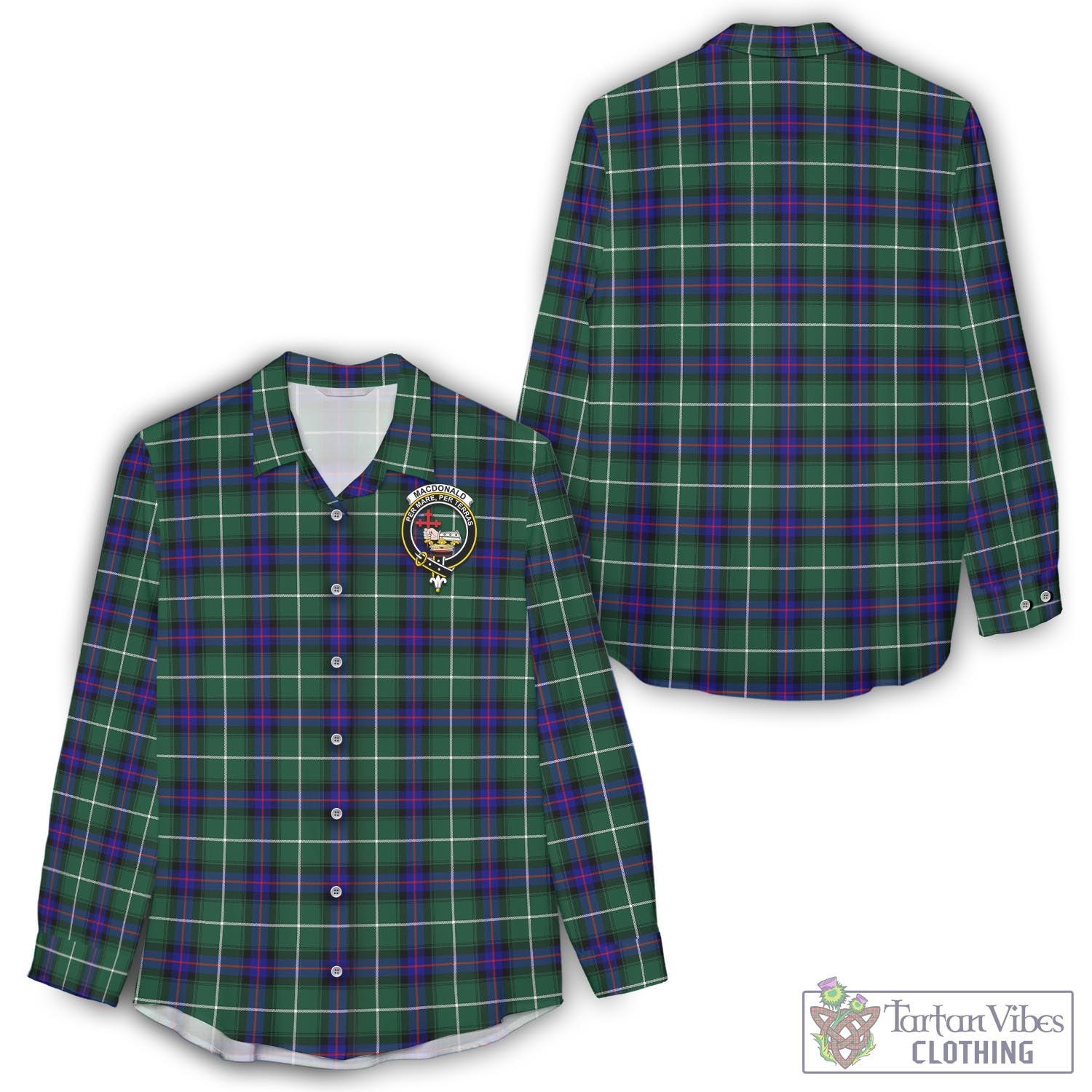 Tartan Vibes Clothing MacDonald of the Isles Hunting Modern Tartan Womens Casual Shirt with Family Crest