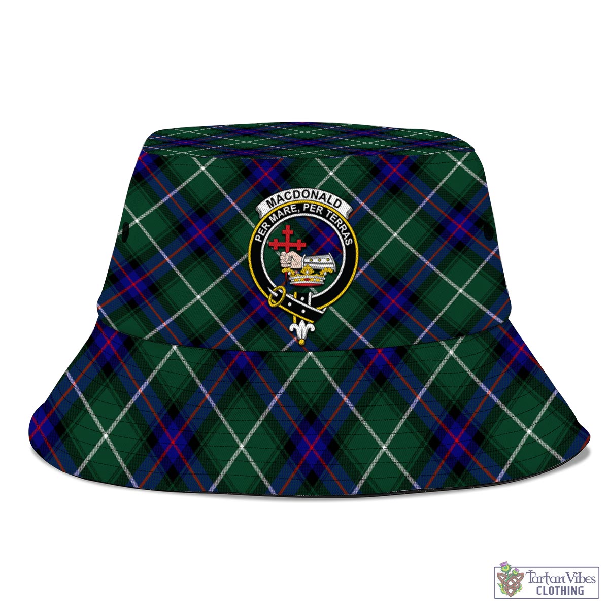 Tartan Vibes Clothing MacDonald of the Isles Hunting Modern Tartan Bucket Hat with Family Crest