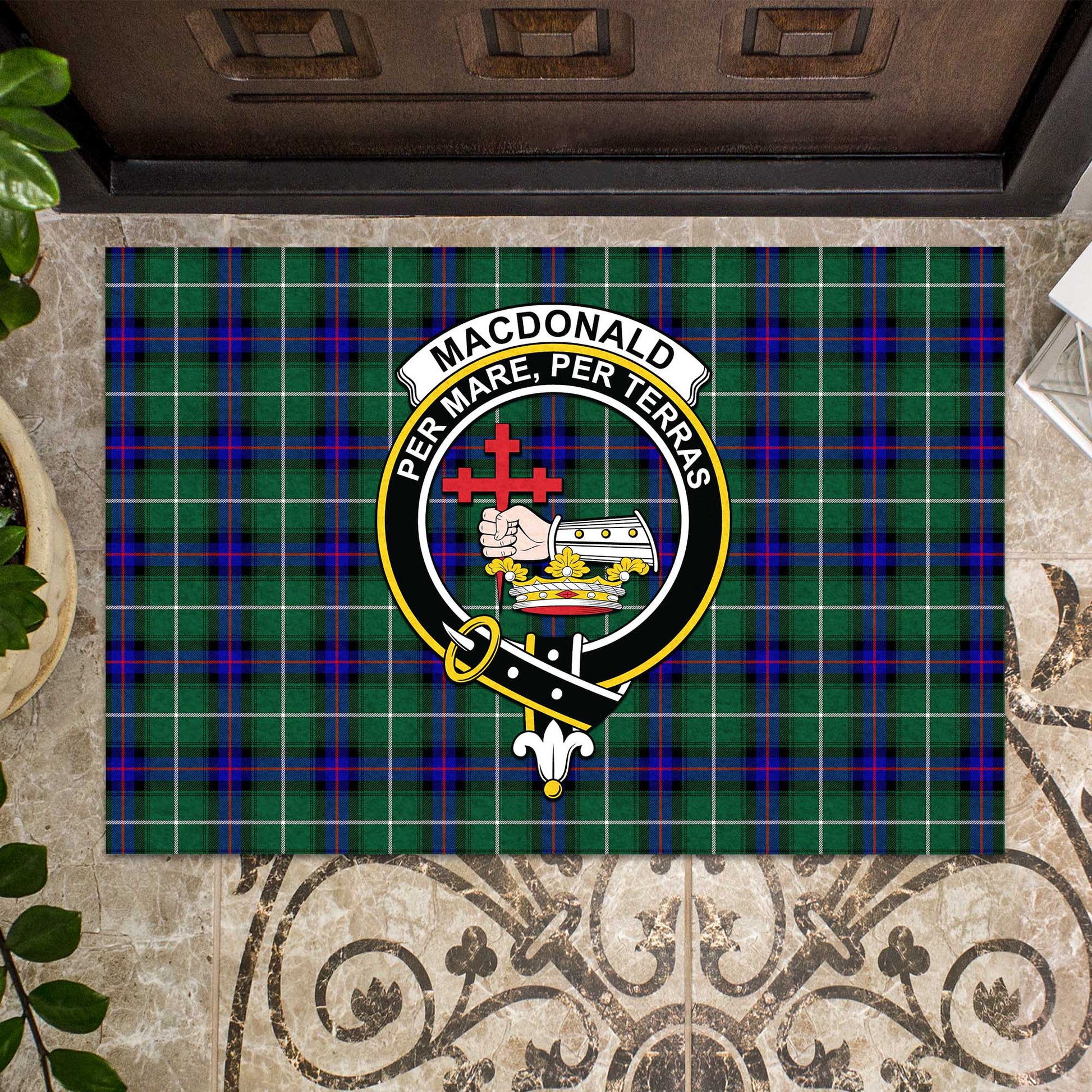 MacDonald of the Isles Hunting Modern Tartan Door Mat with Family Crest - Tartanvibesclothing