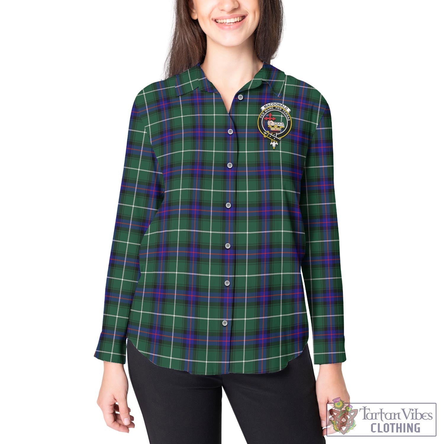 Tartan Vibes Clothing MacDonald of the Isles Hunting Modern Tartan Womens Casual Shirt with Family Crest