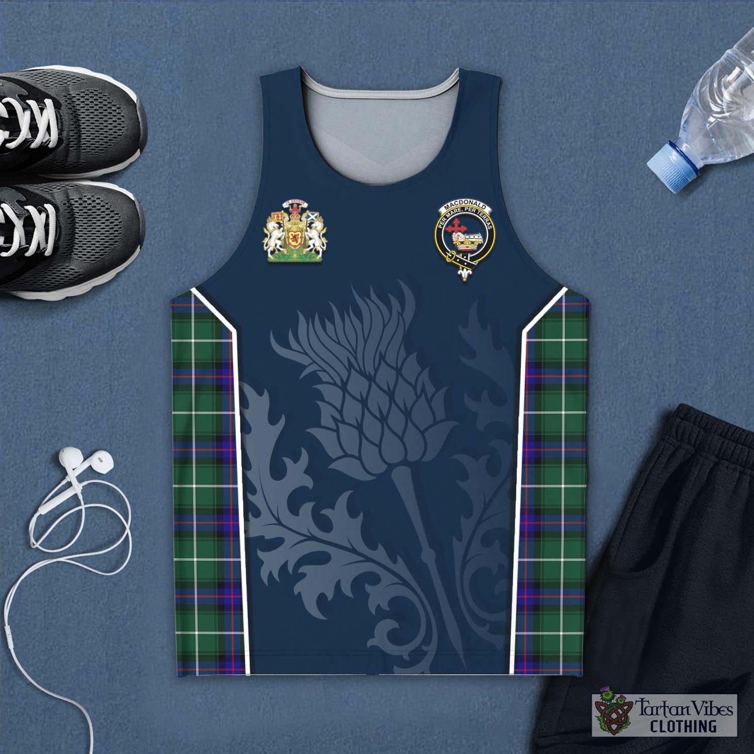 Tartan Vibes Clothing MacDonald of the Isles Hunting Modern Tartan Men's Tanks Top with Family Crest and Scottish Thistle Vibes Sport Style