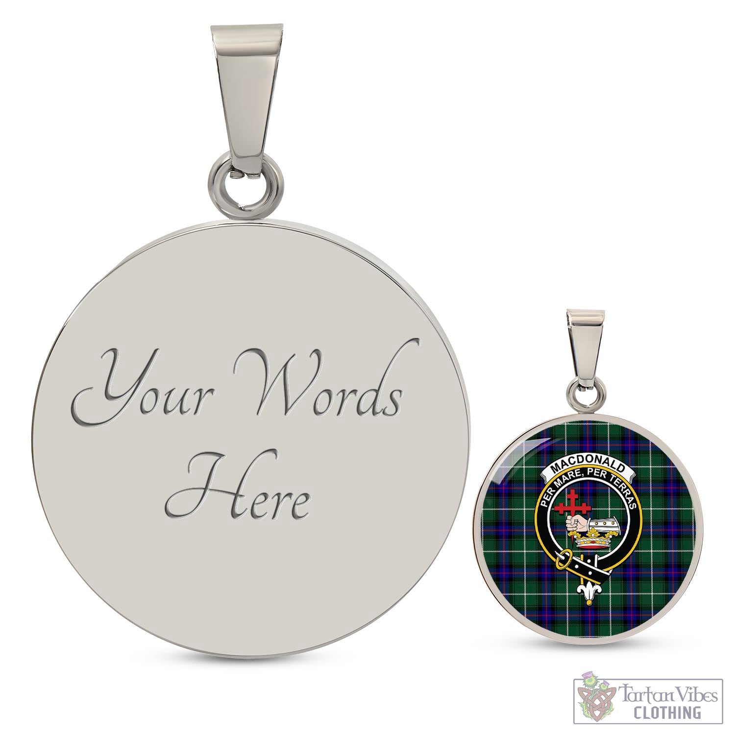 Tartan Vibes Clothing MacDonald of the Isles Hunting Modern Tartan Circle Necklace with Family Crest