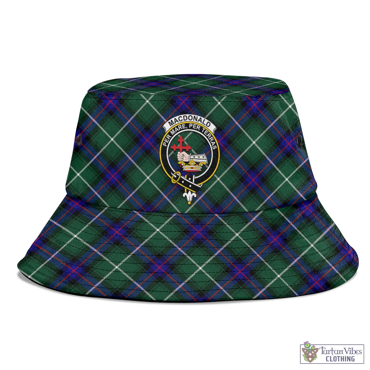 Tartan Vibes Clothing MacDonald of the Isles Hunting Modern Tartan Bucket Hat with Family Crest