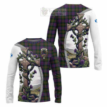 MacDonell (McDonell) Tartan Long Sleeve T-Shirt with Family Crest and St. Andrew's Cross Accented by Thistle Vines