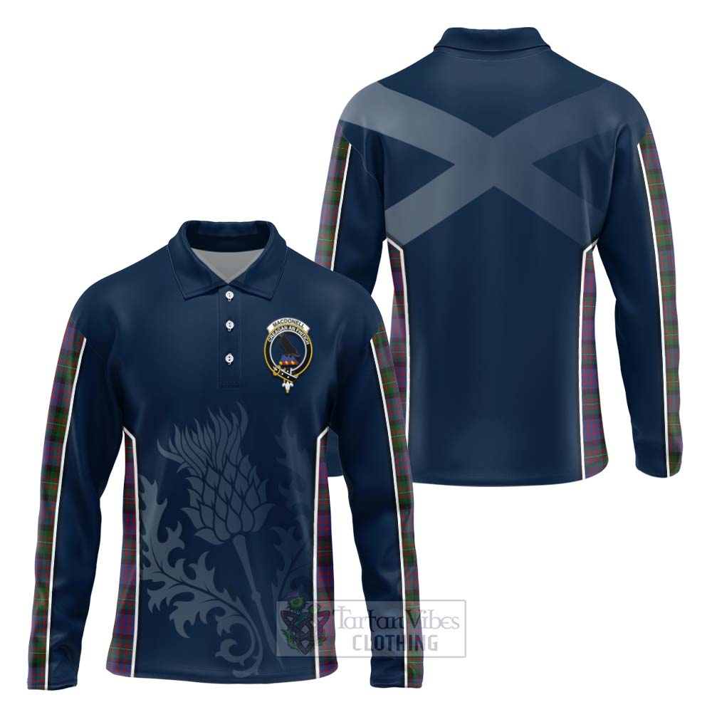 Tartan Vibes Clothing MacDonell (McDonell) Tartan Long Sleeve Polo Shirt with Family Crest and Scottish Thistle Vibes Sport Style