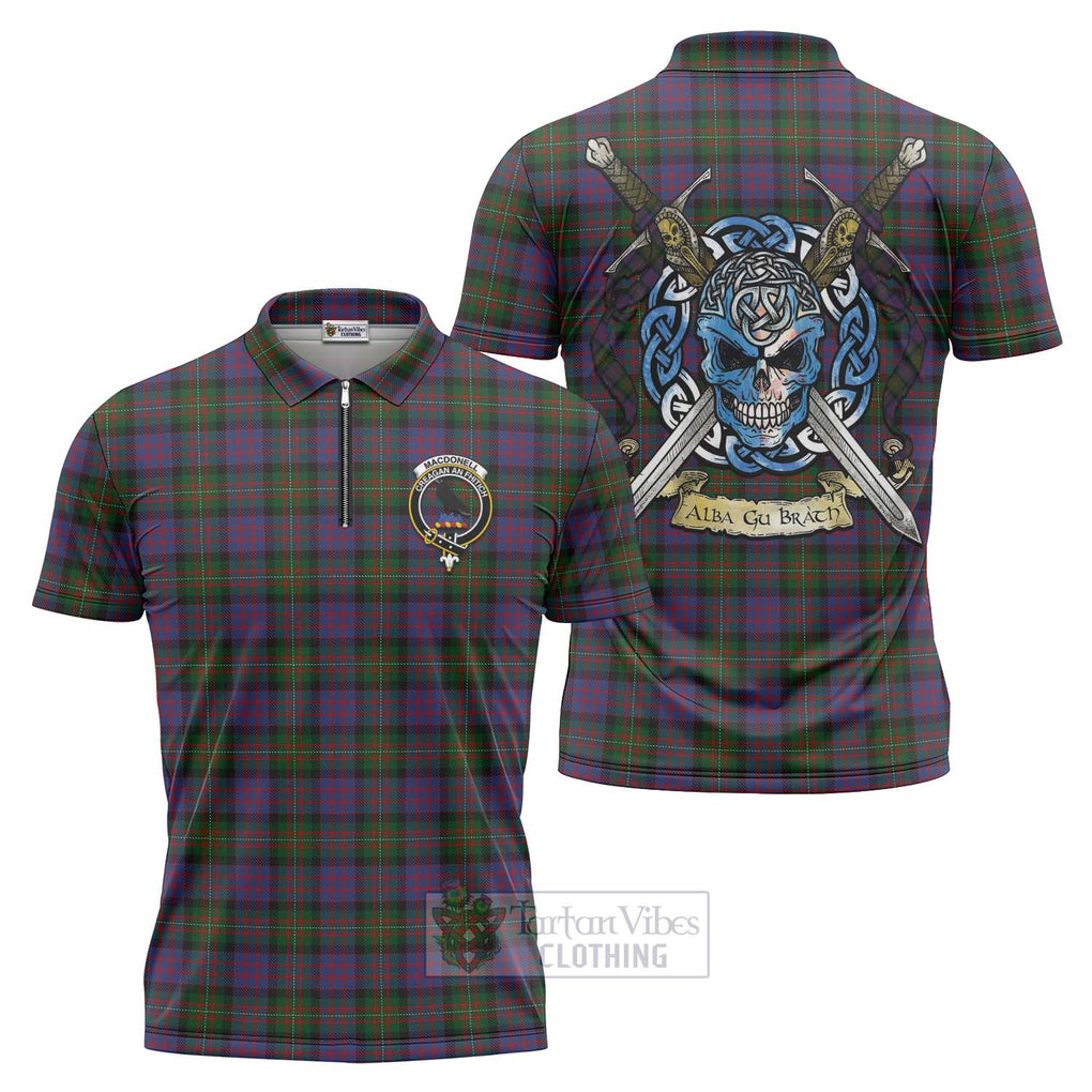 Tartan Vibes Clothing MacDonell (McDonell) Tartan Zipper Polo Shirt with Family Crest Celtic Skull Style