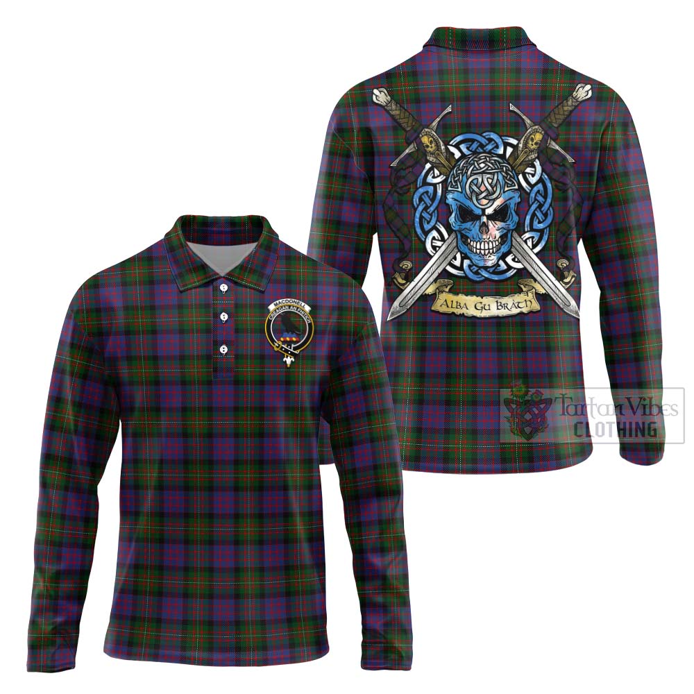 Tartan Vibes Clothing MacDonell (McDonell) Tartan Long Sleeve Polo Shirt with Family Crest Celtic Skull Style