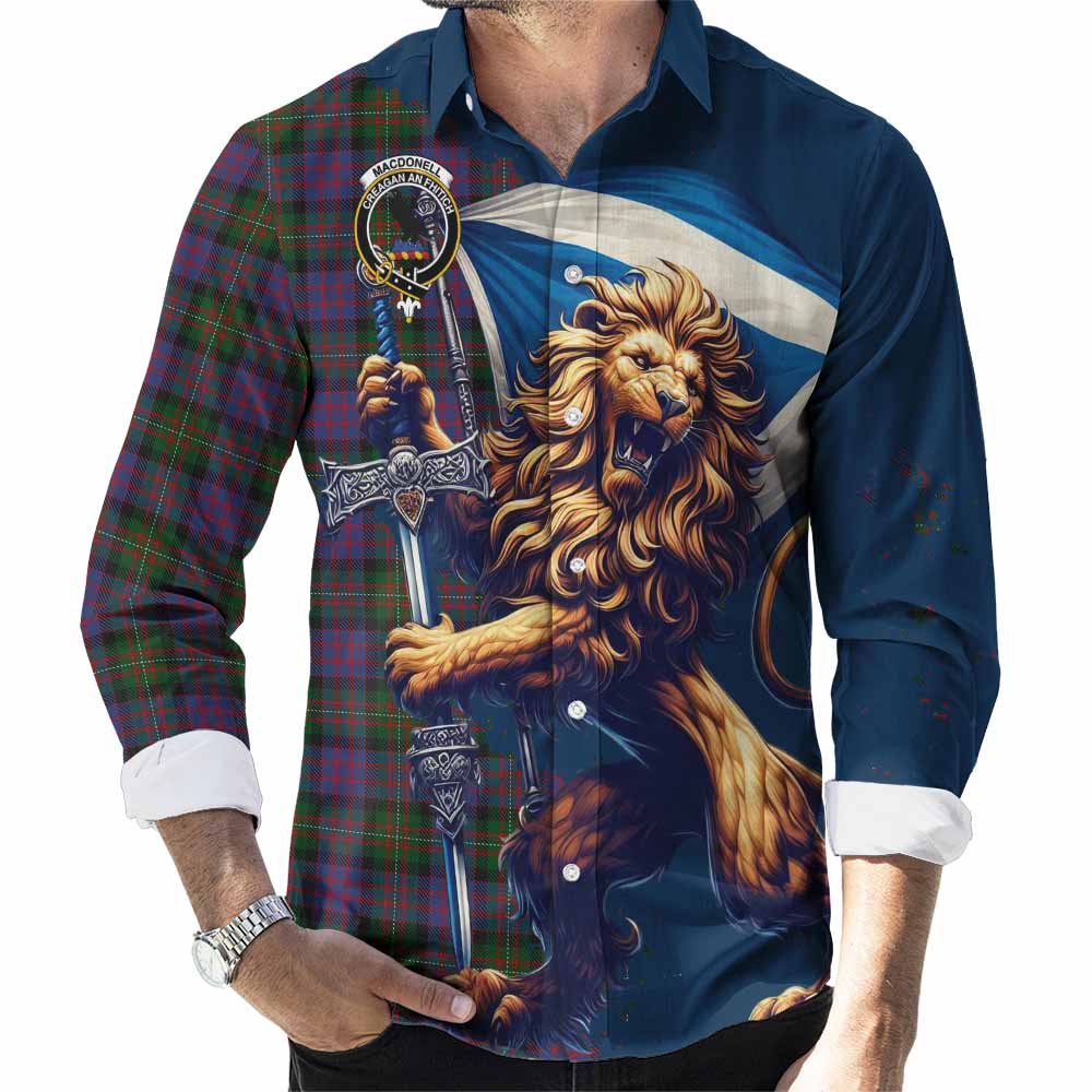 Tartan Vibes Clothing MacDonell (McDonell) Tartan Family Crest Long Sleeve Button Shirt with Scottish Majestic Lion