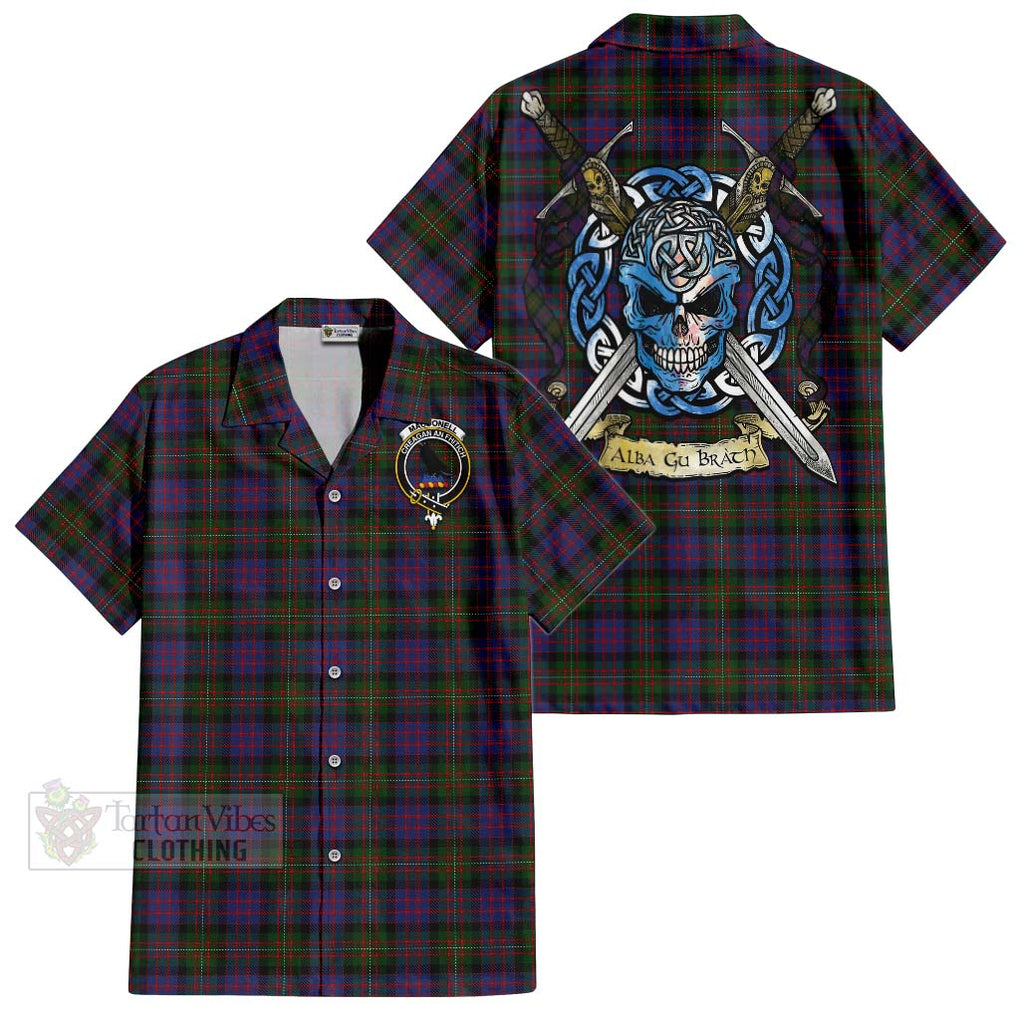 Tartan Vibes Clothing MacDonell (McDonell) Tartan Short Sleeve Button Shirt with Family Crest Celtic Skull Style