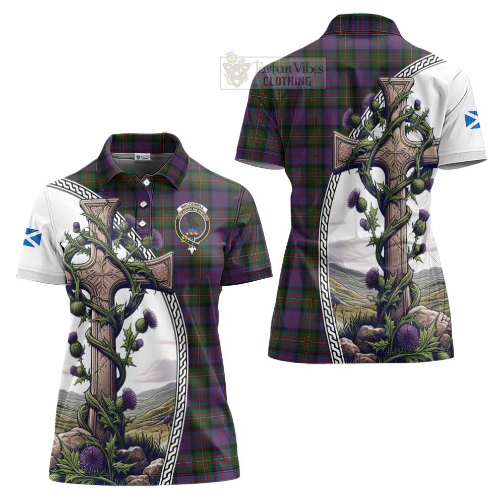 Tartan Vibes Clothing MacDonell (McDonell) Tartan Women's Polo Shirt with Family Crest and St. Andrew's Cross Accented by Thistle Vines