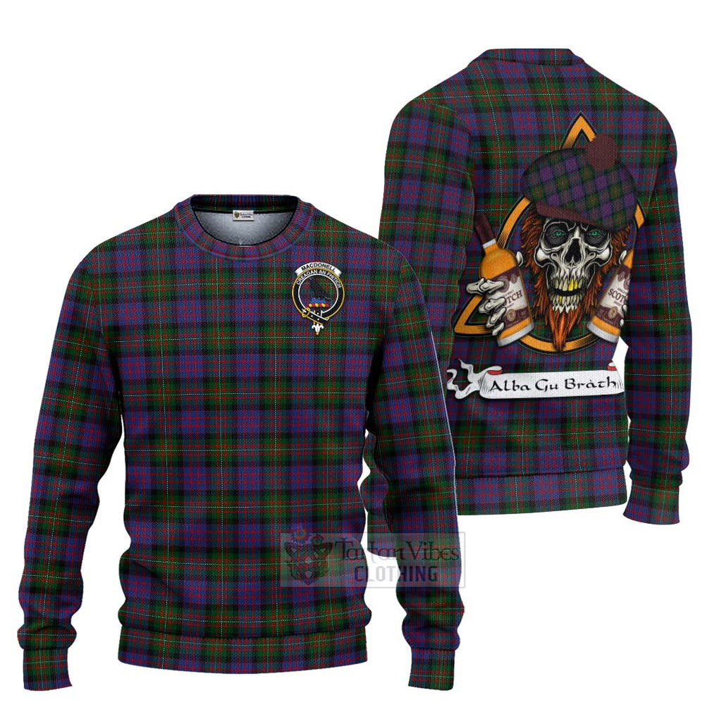 Tartan Vibes Clothing MacDonell (McDonell) Tartan Knitted Sweater with Family Crest and Bearded Skull Holding Bottles of Whiskey