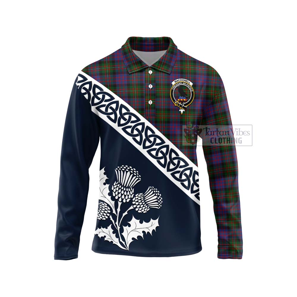 Tartan Vibes Clothing MacDonell (McDonell) Tartan Long Sleeve Polo Shirt Featuring Thistle and Scotland Map