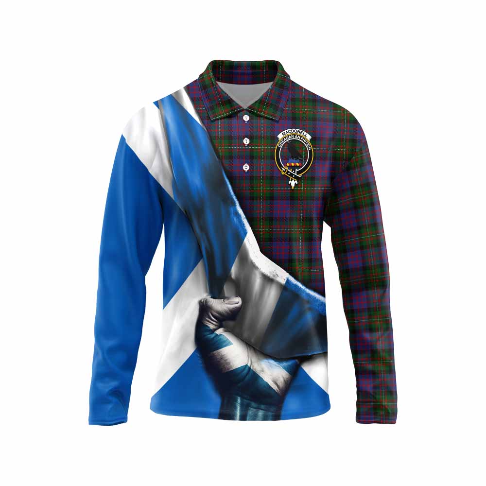 Tartan Vibes Clothing MacDonell (McDonell) Tartan Long Sleeve Polo Shirt with Family Crest Scotland Patriotic Style