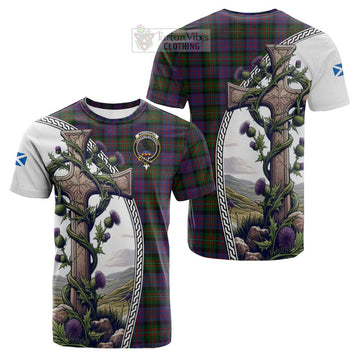 MacDonell (McDonell) Tartan Cotton T-shirt with Family Crest and St. Andrew's Cross Accented by Thistle Vines