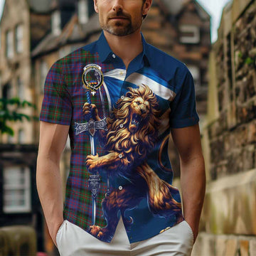 MacDonell (McDonell) Tartan Family Crest Short Sleeve Button Shirt with Scottish Majestic Lion