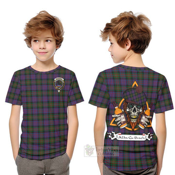 MacDonell (McDonell) Tartan Kid T-Shirt with Family Crest and Bearded Skull Holding Bottles of Whiskey