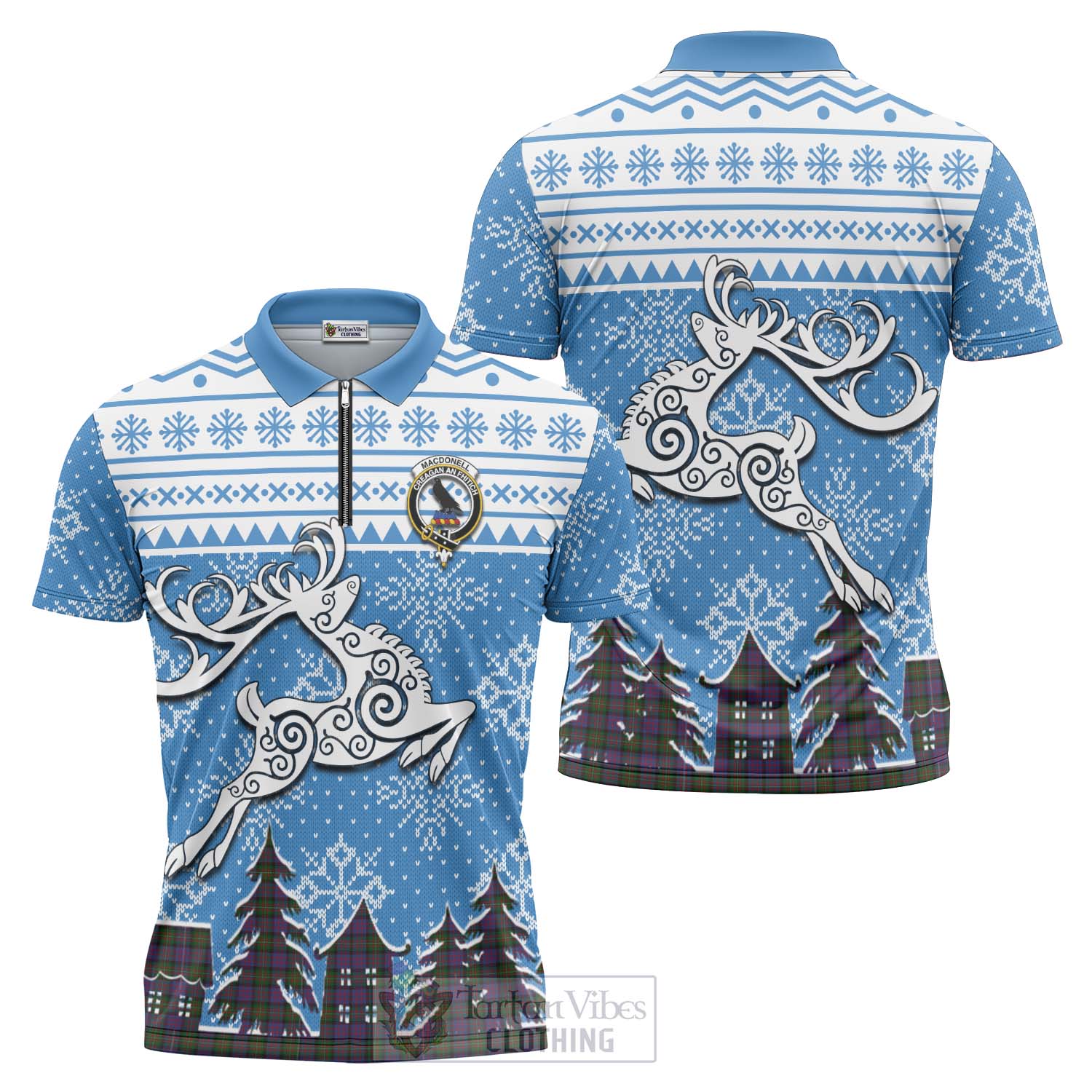 Tartan Vibes Clothing MacDonell (McDonell) Clan Christmas Zipper Polo Shirt Celtic Reindeer Style