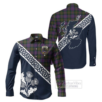 MacDonell (McDonell) Tartan Long Sleeve Button Shirt Featuring Thistle and Scotland Map