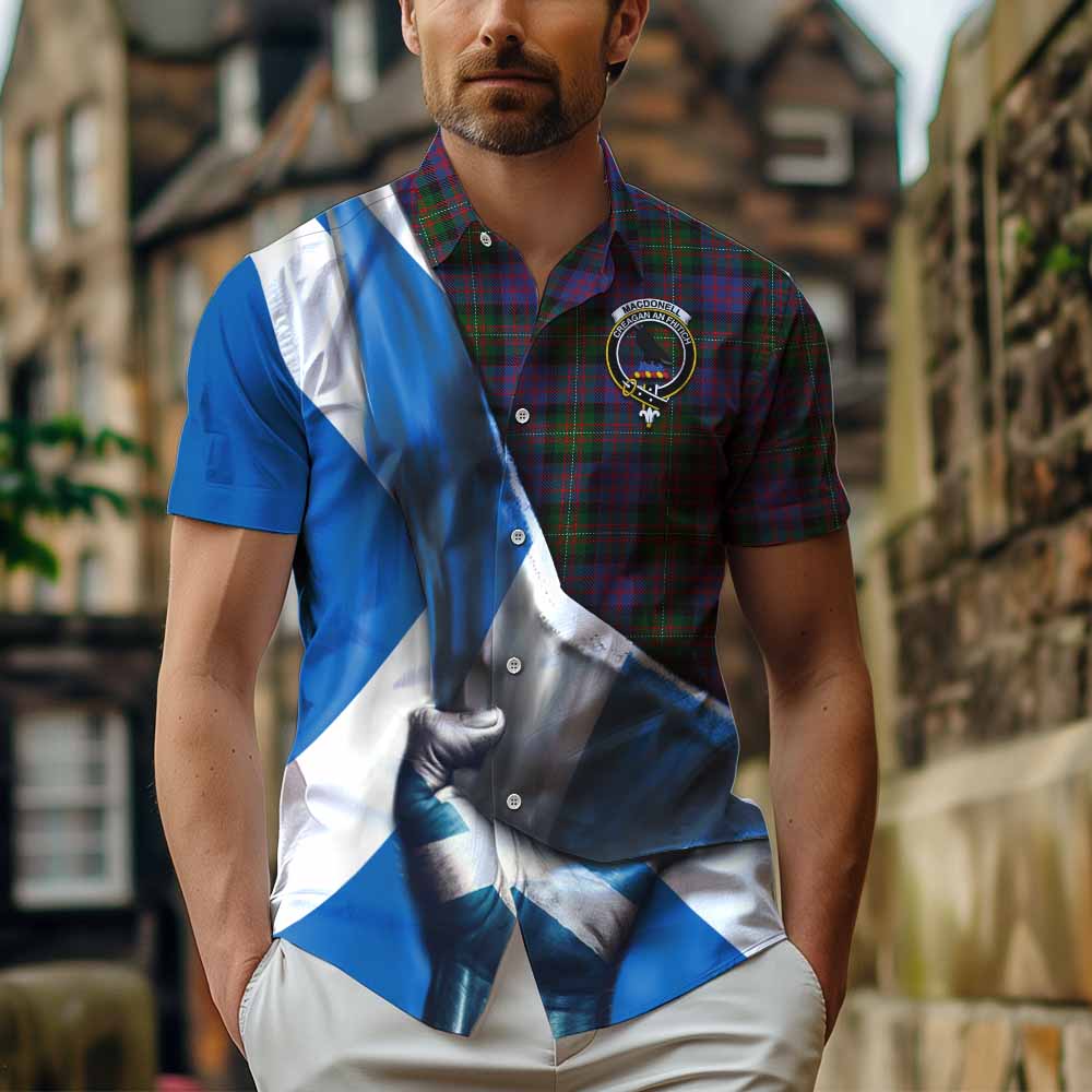 Tartan Vibes Clothing MacDonell (McDonell) Tartan Short Sleeve Button Shirt with Family Crest Scotland Patriotic Style