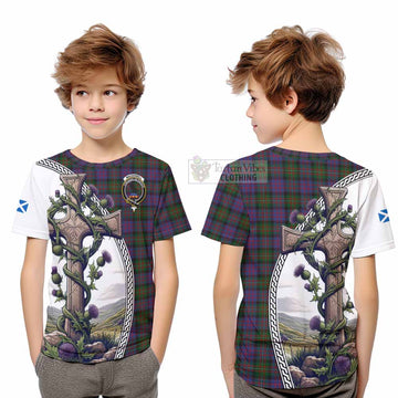 MacDonell (McDonell) Tartan Kid T-Shirt with Family Crest and St. Andrew's Cross Accented by Thistle Vines