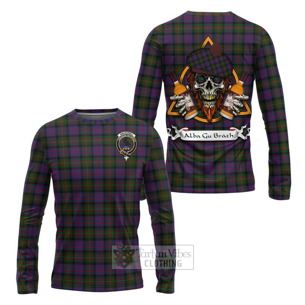 Tartan Vibes Clothing MacDonell (McDonell) Tartan Long Sleeve T-Shirt with Family Crest and Bearded Skull Holding Bottles of Whiskey