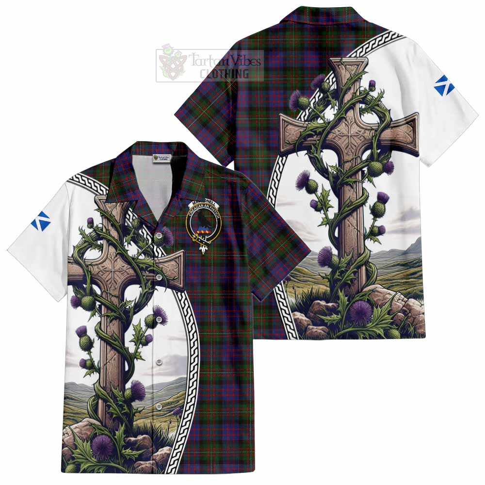 Tartan Vibes Clothing MacDonell (McDonell) Tartan Short Sleeve Button Shirt with Family Crest and St. Andrew's Cross Accented by Thistle Vines