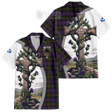 MacDonell (McDonell) Tartan Short Sleeve Button Shirt with Family Crest and St. Andrew's Cross Accented by Thistle Vines