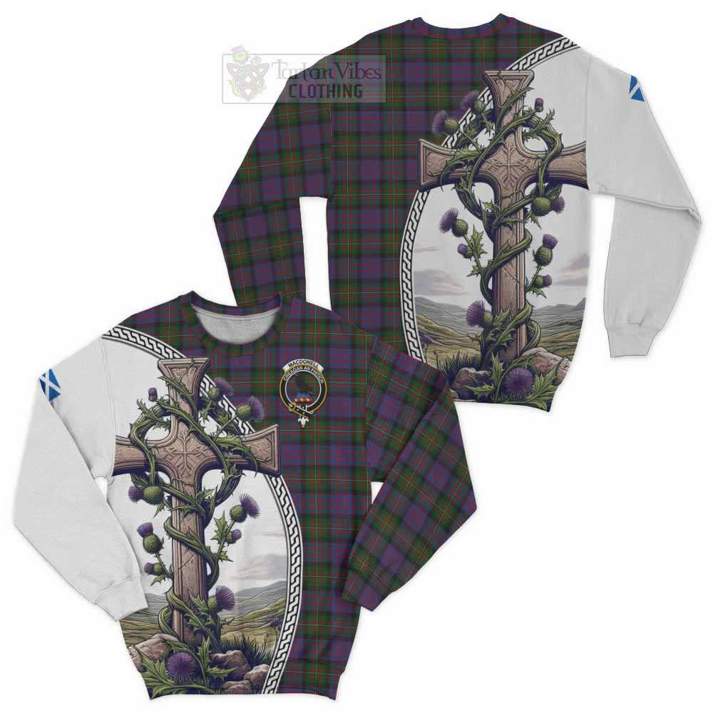 Tartan Vibes Clothing MacDonell (McDonell) Tartan Sweatshirt with Family Crest and St. Andrew's Cross Accented by Thistle Vines