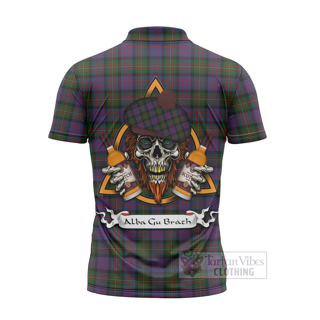 Tartan Vibes Clothing MacDonell (McDonell) Tartan Zipper Polo Shirt with Family Crest and Bearded Skull Holding Bottles of Whiskey