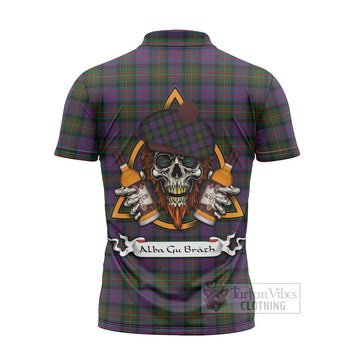 MacDonell (McDonell) Tartan Zipper Polo Shirt with Family Crest and Bearded Skull Holding Bottles of Whiskey