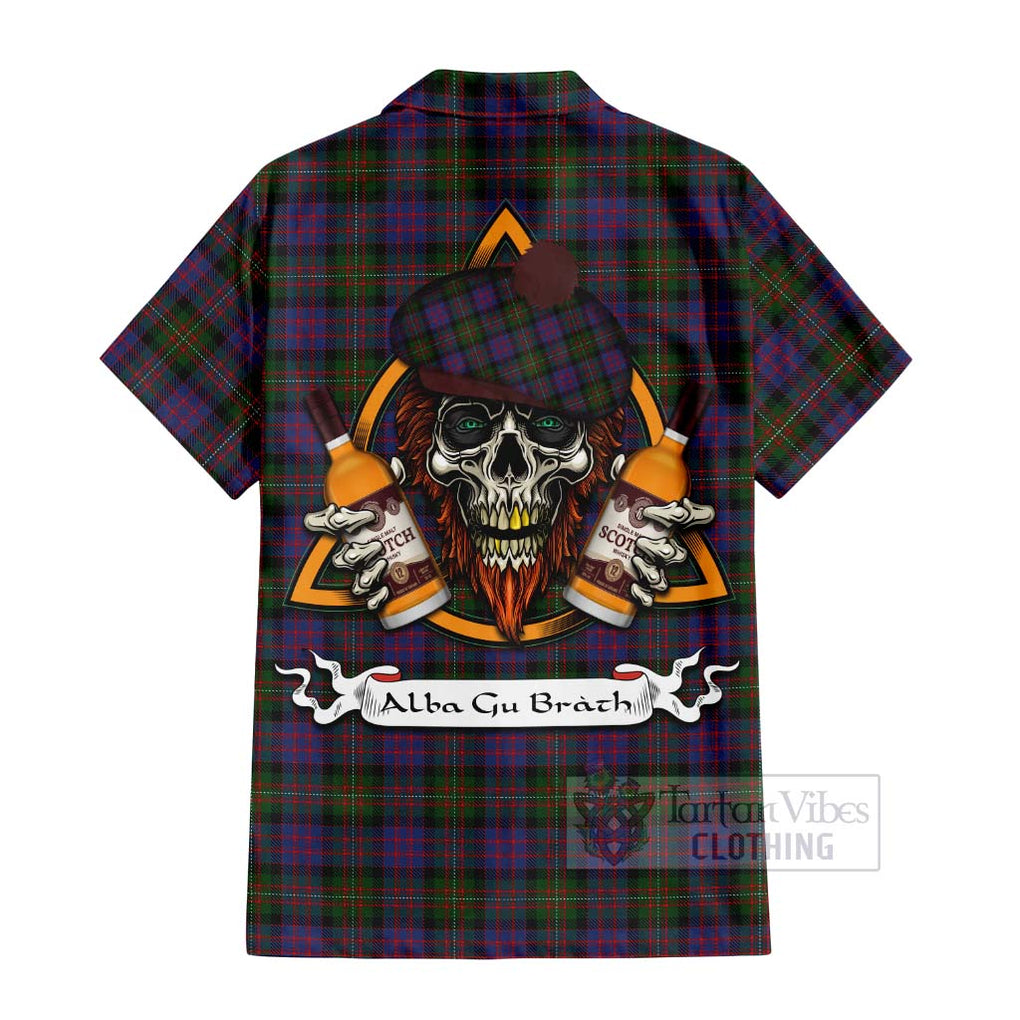 Tartan Vibes Clothing MacDonell (McDonell) Tartan Short Sleeve Button Shirt with Family Crest and Bearded Skull Holding Bottles of Whiskey