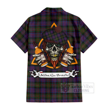 MacDonell (McDonell) Tartan Short Sleeve Button Shirt with Family Crest and Bearded Skull Holding Bottles of Whiskey