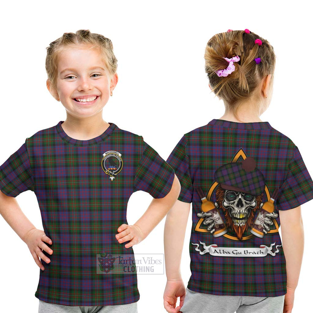 Tartan Vibes Clothing MacDonell (McDonell) Tartan Kid T-Shirt with Family Crest and Bearded Skull Holding Bottles of Whiskey