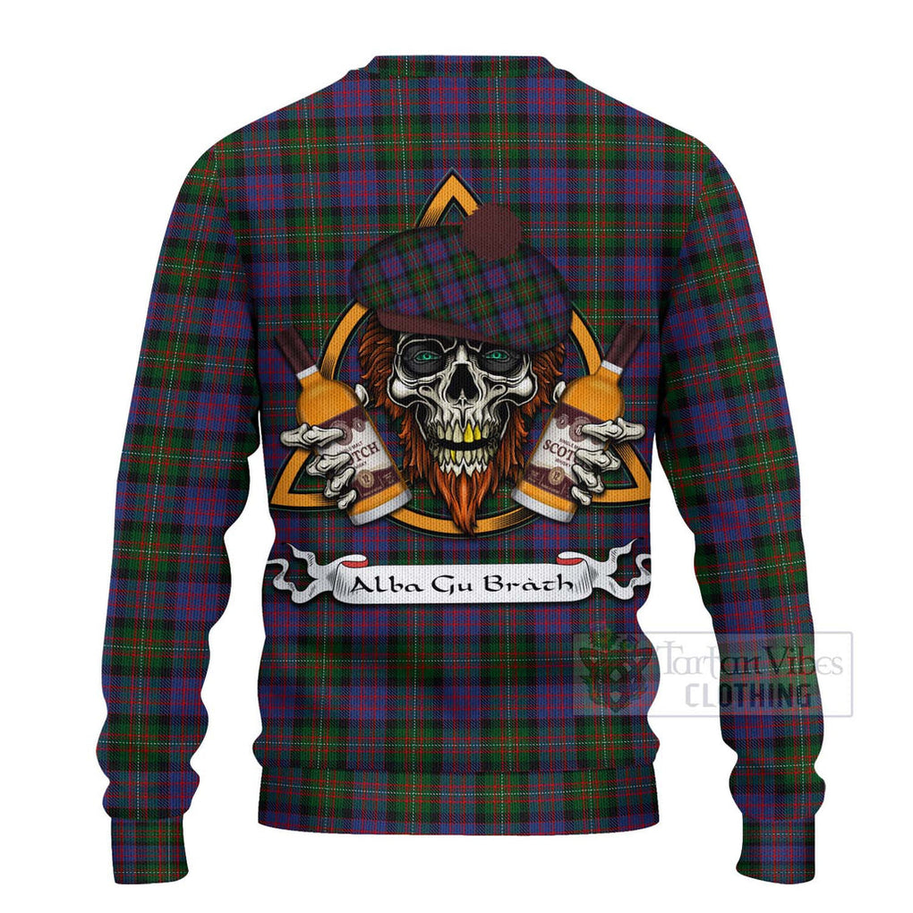 Tartan Vibes Clothing MacDonell (McDonell) Tartan Knitted Sweater with Family Crest and Bearded Skull Holding Bottles of Whiskey