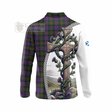 MacDonell (McDonell) Tartan Long Sleeve Polo Shirt with Family Crest and St. Andrew's Cross Accented by Thistle Vines