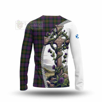 MacDonell (McDonell) Tartan Long Sleeve T-Shirt with Family Crest and St. Andrew's Cross Accented by Thistle Vines