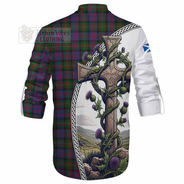 MacDonell (McDonell) Tartan Ghillie Kilt Shirt with Family Crest and St. Andrew's Cross Accented by Thistle Vines