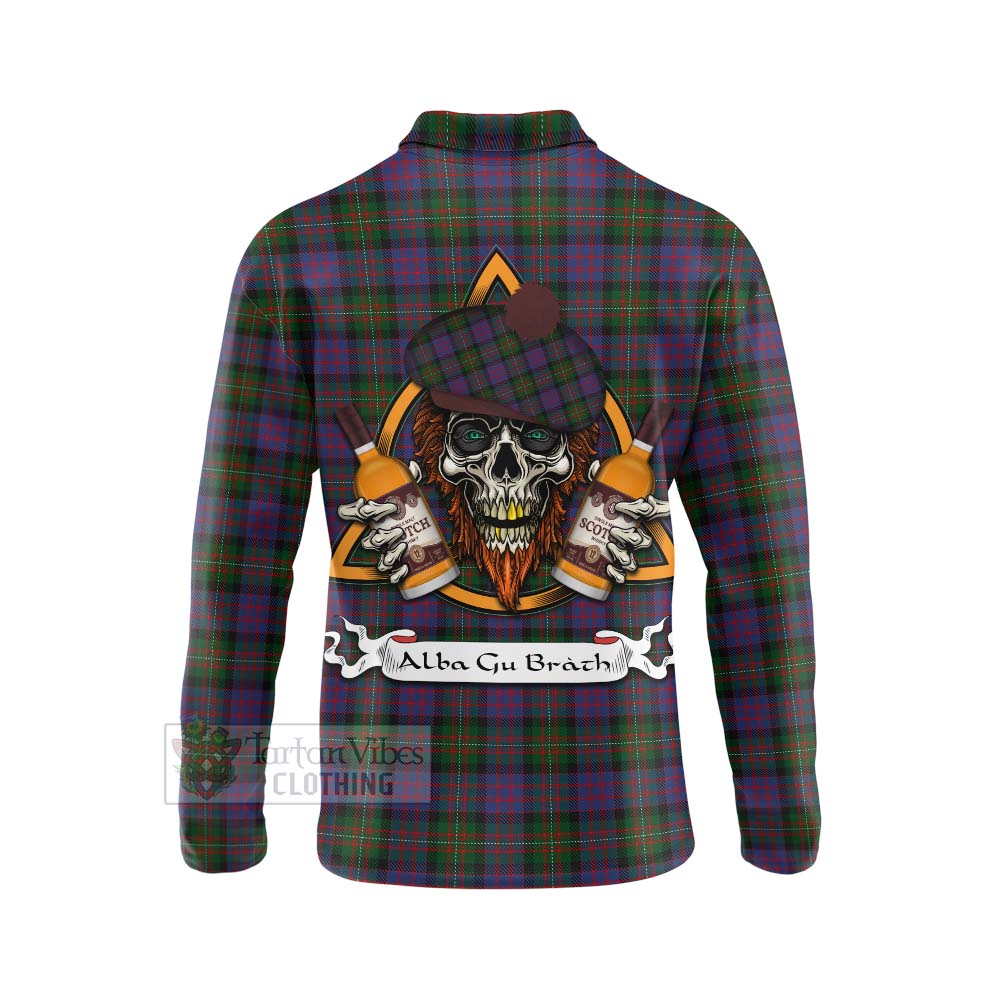 Tartan Vibes Clothing MacDonell (McDonell) Tartan Long Sleeve Polo Shirt with Family Crest and Bearded Skull Holding Bottles of Whiskey