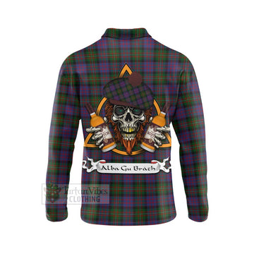 MacDonell (McDonell) Tartan Long Sleeve Polo Shirt with Family Crest and Bearded Skull Holding Bottles of Whiskey