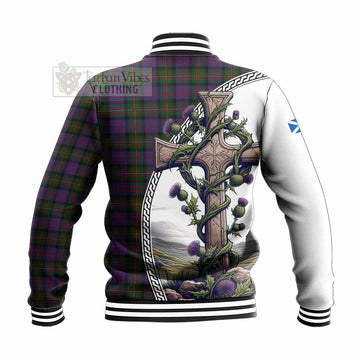 MacDonell (McDonell) Tartan Baseball Jacket with Family Crest and St. Andrew's Cross Accented by Thistle Vines