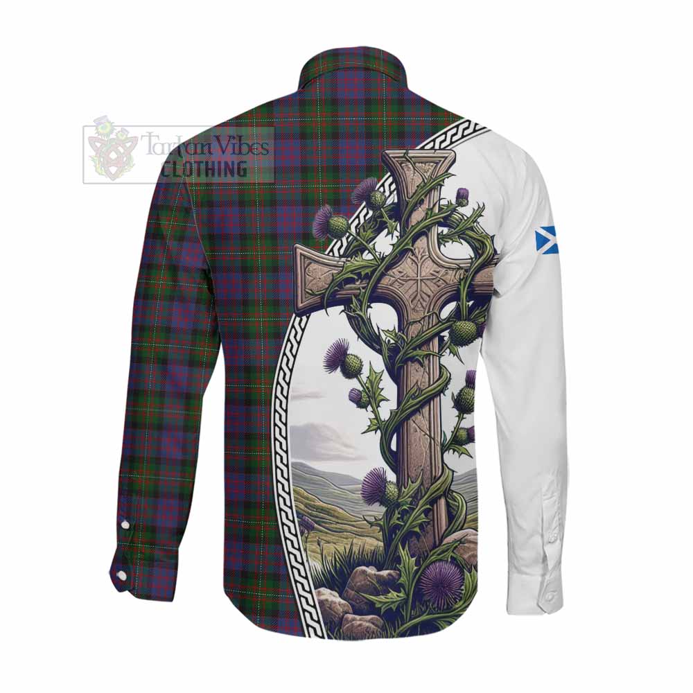 Tartan Vibes Clothing MacDonell (McDonell) Tartan Long Sleeve Button Shirt with Family Crest and St. Andrew's Cross Accented by Thistle Vines