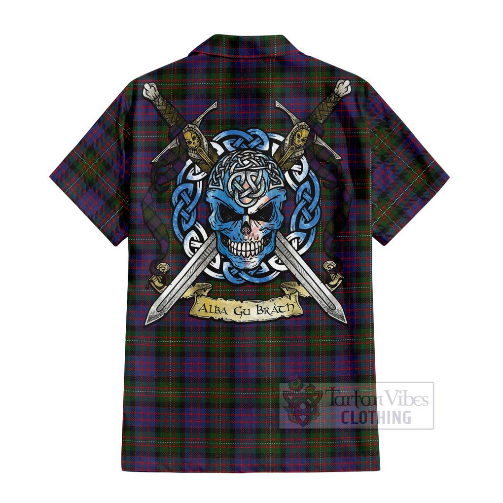 Tartan Vibes Clothing MacDonell (McDonell) Tartan Short Sleeve Button Shirt with Family Crest Celtic Skull Style